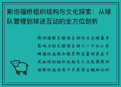 斯坦福桥组织结构与文化探索：从球队管理到球迷互动的全方位剖析