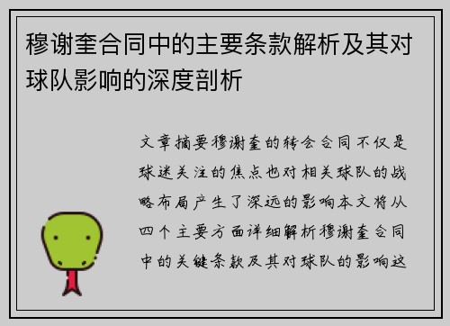 穆谢奎合同中的主要条款解析及其对球队影响的深度剖析