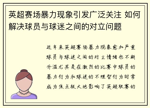 英超赛场暴力现象引发广泛关注 如何解决球员与球迷之间的对立问题