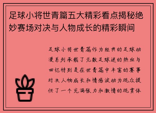 足球小将世青篇五大精彩看点揭秘绝妙赛场对决与人物成长的精彩瞬间